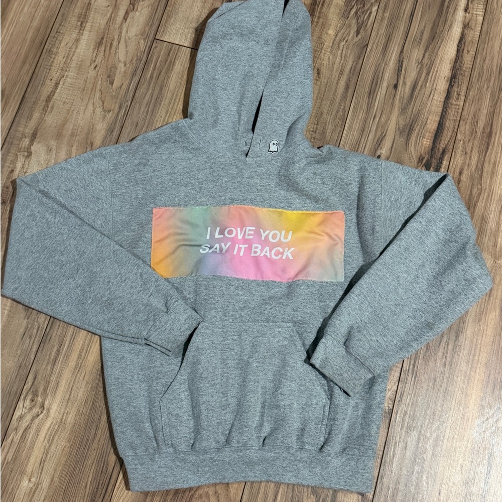 Woman’s Lonely Ghost Gray Hoodie with Rainbow 'I LOVE YOU SAY IT BACK' Graphic.